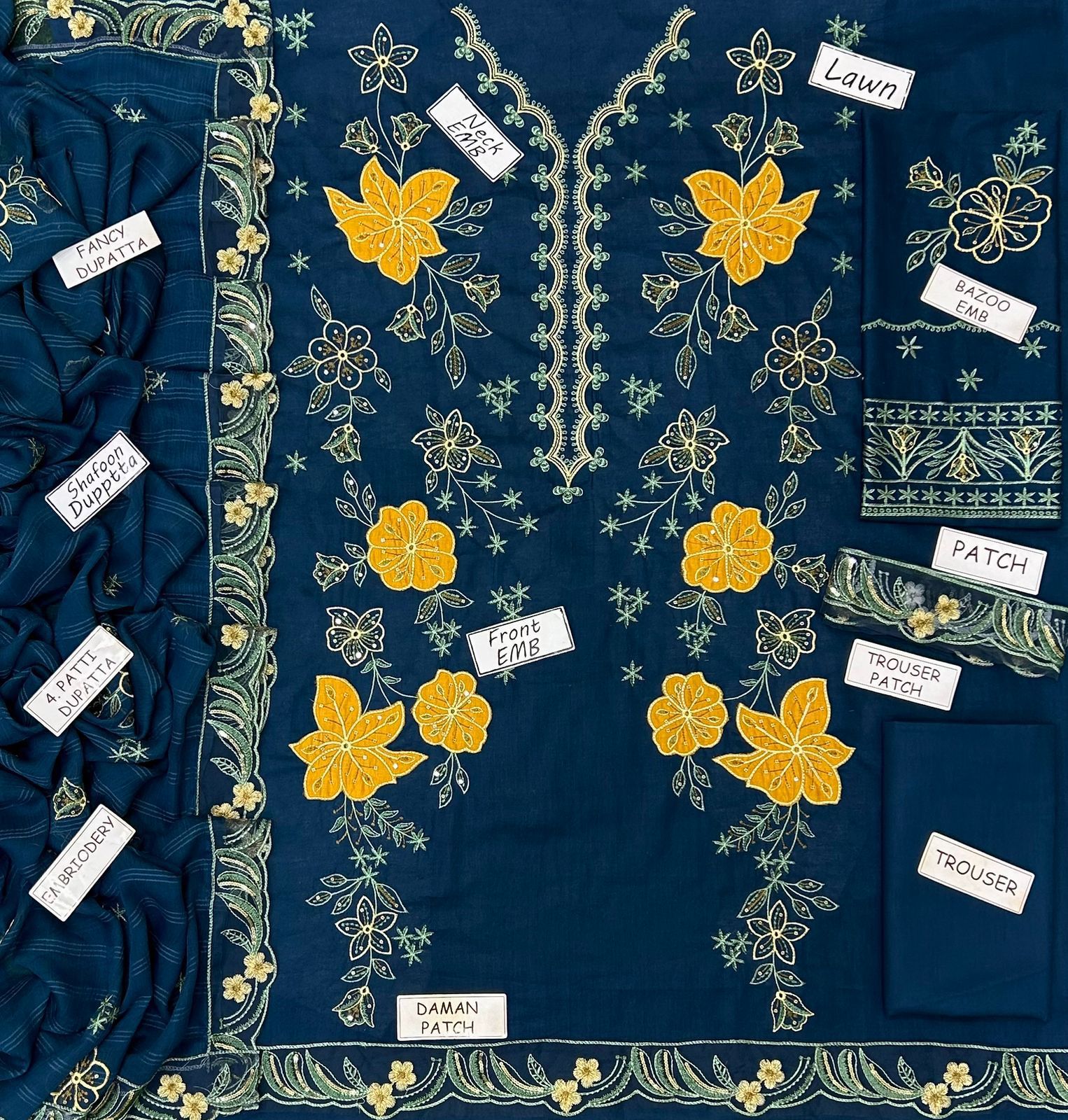 Aneela Luxury Embroidered Lawn – 3 Piece Unstitched Suit with Ready-to-Wear Bamber Chiffon Dupatta (Summer Collection 2026)