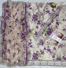 Aneela Collection D-22 Luxury Floral Printed Lawn – 3 Piece Unstitched Suit with Ready-to-Wear 4-Side Cutwork Chiffon Dupatta